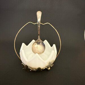 Vintage Glass Flower-Shaped Sugar Bowl/Jam Pot with Silver-Tone Stand and Spoon